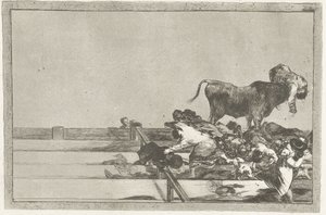 Dood van de burgemeester van Torrejon Desgracias acaecidas en el tendido de la plaza de Madrid, y muerte del alcalde de Torrejon La Tauromaquia (series title) Stierenvechten (series title) de Francisco de Goya