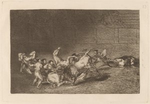 Dos grupos de picadores arrollados de seguida por un solo toro de Francisco de Goya