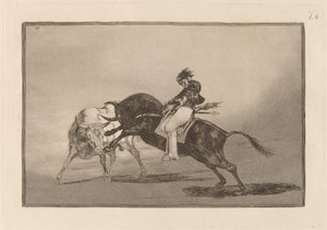 El mismo Ceballos montado sobre otro toro quiebra rejones en la plaza de Madrid de Francisco de Goya