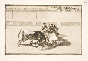 Un picador es arrojado del caballo y cae bajo el toro de Francisco de Goya