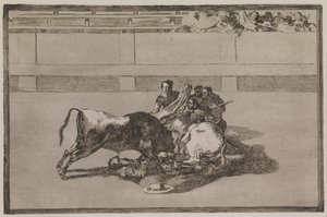 Un picador es arrojado del caballo y cae bajo el toro de Francisco de Goya