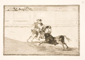 Un jinete español en la arena rompe pequeñas lanzas sin asistencia de los segundos de Francisco de Goya