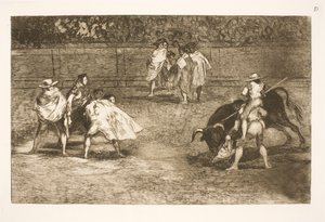 Un torero, sentado sobre los hombros de un ayudante, apuñala a un toro de Francisco de Goya