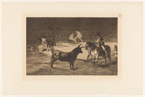 Fernando del Toro daagt een stier uit El célebre Fernando del Toro, barilarguero, obligando á la fiera con su garrocha Stierengevechten (series title) La Taureaumachie (series title) La Tauromaquia (series title) de Francisco de Goya