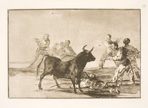 El pueblo ataca al toro con lanzas, hoces, banderillas y otras armas de Francisco de Goya