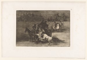 Los hombres atacan a un toro de un carro Combat dans une voiture attelée de deux mulets Corridas de toros (título de la serie) La Taureaumachie (título de la serie) La Tauromaquia (título de la serie)