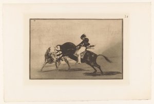 Mariano Ceballos rijdend op een stier El mismo Ceballos montado sobre otro toro quiebra rejones en la plaza de Madrid Stierengevechten (series title) La Taureaumachie (series title) La Tauromaquia (series title) de Francisco de Goya