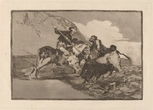Modo con que los antiguos españoles cazaban los toros a caballo en el campo