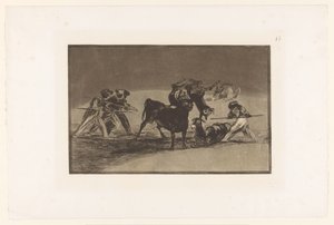 Moros y burros lidiando con un toro Palenque de los Moros hecho con burros para defenderse del toro embolado Corridas de toros (título de la serie) La Taureaumachie (título de la serie) La Tauromaquia (título de la serie) de Francisco de Goya