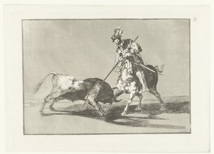 Rodrigo Díaz de Vivar verwondt een stier El Cid Campeador lanceando otro toro Stierenvechten (series title) La Tauromaquia (series title) de Francisco de Goya