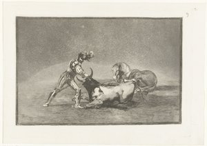 Spaanse ridder doody en stier Un caballero Español mata un toro despues de haber perdido el caballo Stierenvechten (series title) La Tauromaquia (series title) de Francisco de Goya