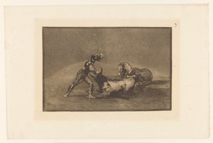 Spaanse ridder doodt een stier Un caballero Español mata un toro despues de haber perdido el caballo Stierengevechten (series title) La Taureaumachie (series title) La Tauromaquia (series title) de Francisco de Goya