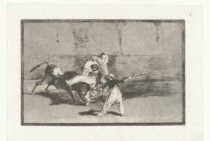 Tauro es agarrado por toreros Cogida de un Moro estando en la plaza Corridas de toros (título de la serie) La Tauromaquia (título de la serie) de Francisco de Goya