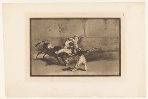 Tauro es agarrado por toreros Cogida de un Moro estando en la plaza Corridas de toros (título de la serie) La Taureaumachie (título de la serie) La Tauromaquia (título de la serie) de Francisco de Goya