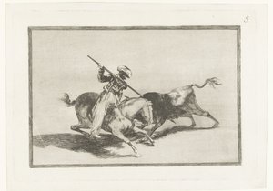 Stierenjacht te paard El animoso Moro Gazul es el primero que lanceó toros en regla La Tauromaquia (series title) Stierenvechten (series title) de Francisco de Goya