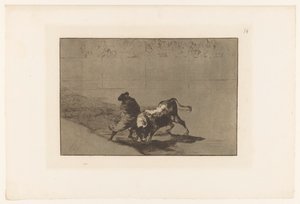Stierenvechter in een arena El diestrísimo estudiante de Falces, embozado burla al toro con sus quiebros Stierengevechten (series title) La Taureaumachie (series title) La Tauromaquia (series title) de Francisco de Goya