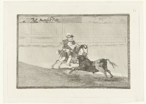 Stierenvechten in een arena Un caballero Español en plaza quebrando rejoncillos sin auxilio de los chulos Stierenvechten (series title) La Tauromaquia (series title) de Francisco de Goya