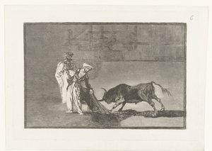 Stierenvechten in een arena Los Moros hacen otro capeo en plaza con su albornoz Stierenvechten (series title) La Tauromaquia (series title) de Francisco de Goya
