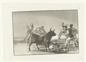 Stierenvechten rondon en stier Desjarrete de la canalla con lanzas. medias-lunas, banderillas y otra armas Stierenvechten (series title) La Tauromaquia (series title) de Francisco de Goya