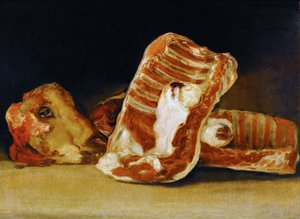 Naturaleza muerta de costillas y cabeza de oveja El mostrador del carnicero