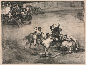 Los toros de Burdeos: Picador atrapado por un toro de Francisco de Goya