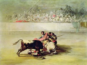 La Caída de un Picador de su Caballo bajo un Toro de Francisco de Goya