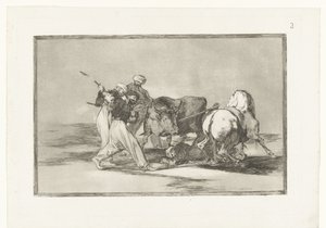 Vier mannen jagen op een stier Los Moros establecidos en Espagña, prescindiendo de las supersticiones de su Alcorán, adoptaron esta caza y arte, y lancean un toro en el campo Stierenvechten (series title) La Tauromaquia (series title)