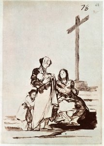 Mujeres y niños cerca de una cruz (grabado) de Francisco de Goya