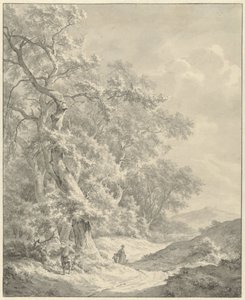Paisaje con caminantes en un camino a lo largo del bosque. de Franciscus Andreas Milatz