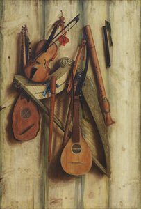 Partición de tablero con instrumentos musicales. Trompe l