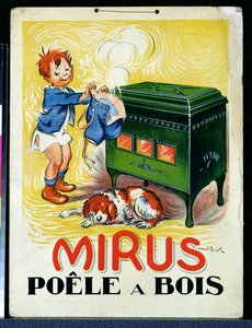Anuncio de la estufa de leña "Mirus" (litografía en color) de Francisque Poulbot