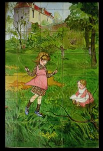 Azulejos decorados con niños jugando en un jardín (cerámica vidriada) de Francisque Poulbot