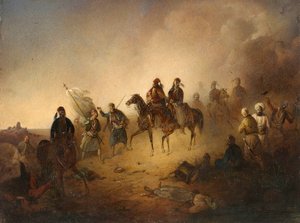Markos Botzaris (Botsaris) (vers 1788-1823) en la batalla de Karpenisi, la noche del 8 de agosto de Franciszek Tomasz Tepa
