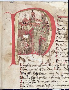 Inicial historiada que representa a Atila el Huno quemando la ciudad de Aquila, de La Guerra de Atila por Nicola da Casola de Franco Italian School