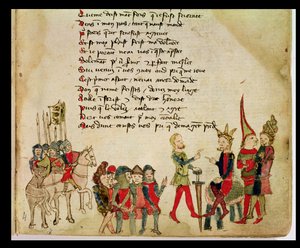 Ms Est 27 W 8.17 f.4r Atila el Huno (c.406-453) en discusión con uno de sus guerreros, de La guerra de Atila por Nicola da Casola de Franco Italian School