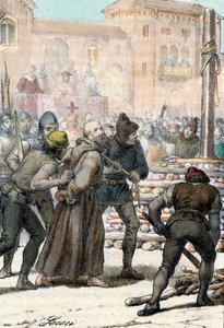 Ejecución del reformador religioso italiano Arnaldo da Brescia (Arnaud de Brescia) (1100-1155) el 18 de junio de 1155 (La quema del canónigo regular italiano Arnaldo (Arnaldus) de Brescia Junio 1155) Grabado de "I misteri del vaticano" de Franco Mistrali 1