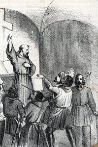 Cuarta guerra Venecia-Otomana: la Iglesia llama a vencer a los musulmanes en vísperas de la batalla naval de Lepante que se suscitó el 7 de octubre de 1571 en el golfo de Patras, Grecia (coalición cristiana la víspera de la batalla de Lepanto durante la ot de Franco Mistrali