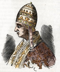 Edad Media: representación del Papa Celestino III (Celestine, Celestino o Caelestinus) (1191-1198) Dibujo de Misteri del Vaticano" de Franco Mistrali