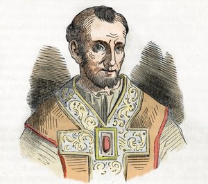 Edad Media: representación del Papa Nicolás I el Grande (Nicola I, Nicholas o Nicolo o Niccolo o Nicolaus) (858-867) dibujo de "I misteri del vaticano" de Franco Mistrali 1843