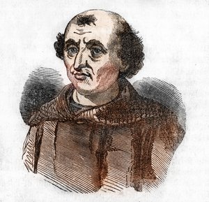 Retrato de Arnaud de Brescia (Arnaldo da brescie) (1090 - 1155), reformador político y religioso italiano (Arnoldo de Brescia o arnaldus canónigo regular italiano de Lombardía) Dibujo de "Misteri del vaticano" de Franco Mistrali