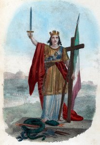 Risorgimento: Representación alegórica de la Italia triunfante de pie sobre la serpiente de la iglesia corrompida y levantando una espada con una cruz y una bandera, símbolos del risorgimento político, religioso y civil) Frontispice tire de "I misteri del  de Franco Mistrali