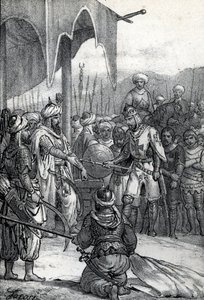 Séptima Cruzada: El rey Luis IX prisionero en la batalla de Fariskur, el 6 de abril de 1250 (Séptima Cruzada: El rey Luis IX prisionero en la batalla de Fariskur, el 6 de abril de 1250) Dibujo de "Misteri del Vaticano" de Franco Mistrali