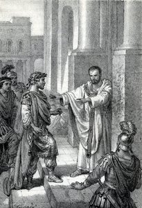 El arzobispo San Ambrosio de Milán (Aurelius Ambrosius, Ambrogio di Milano (340-397) prohibió la entrada de la iglesia al emperador romano Teodosio I (Flavius Theodosius) (347-395) para castigarlo por la masacre de Tesalónica en 390 - Excommunicati de Franco Mistrali