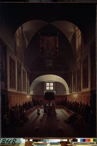 "" Vista del interior del coro de la iglesia capuchina de Santa María del diseño en la plaza Barberini en Roma "" (Interior del coro en la iglesia de Santa Maria della Concezione dei Cappuccini en la Piazza Barberini en Roma) Pintura por François Marius de Francois Marius Granet