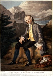 Jean Jacques Rousseau en Suiza, perseguido y sin asilo. Aguatinta por Charon d