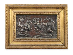 Relieve Rectangular de Bronce de Infantes Bacanales Jugando con una Cabra de Francois (after) Duquesnoy