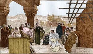 Pierre Abelard o Abailard (1079-1142), filósofo y teólogo francés y su escuela en la montaña Sainte Geneviève. Del fresco de François Flameng.