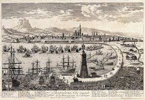 Vista de la ciudad y el puerto de Barcelona en el siglo XVIII. Grabado de François Antoine Aveline. Barcelona, Museu d