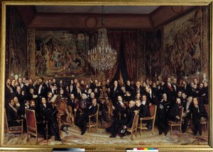 Noche en el Louvre con el Conde de Nieuwerkerke. Entre los presentes: François Marcellin Certain de Canrobert (1809-1895), Eugène Delacroix (1798-1863), Camille Doucet (1812-1895), Jacques Fromental Lévy, conocido como Halévy (1799-1862), Barón Georges Hau de François Auguste Biard