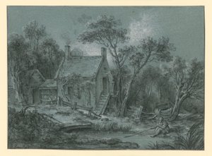 Casa con una escalera entre los árboles; delante, un pescador de François Boucher